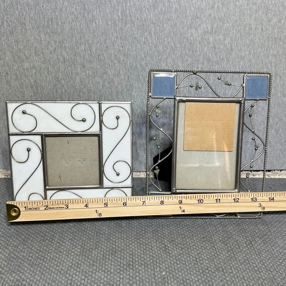 Connoisseur Stained Glass Picture Frames Set 2 White Scroll Blue Stone Bead Art